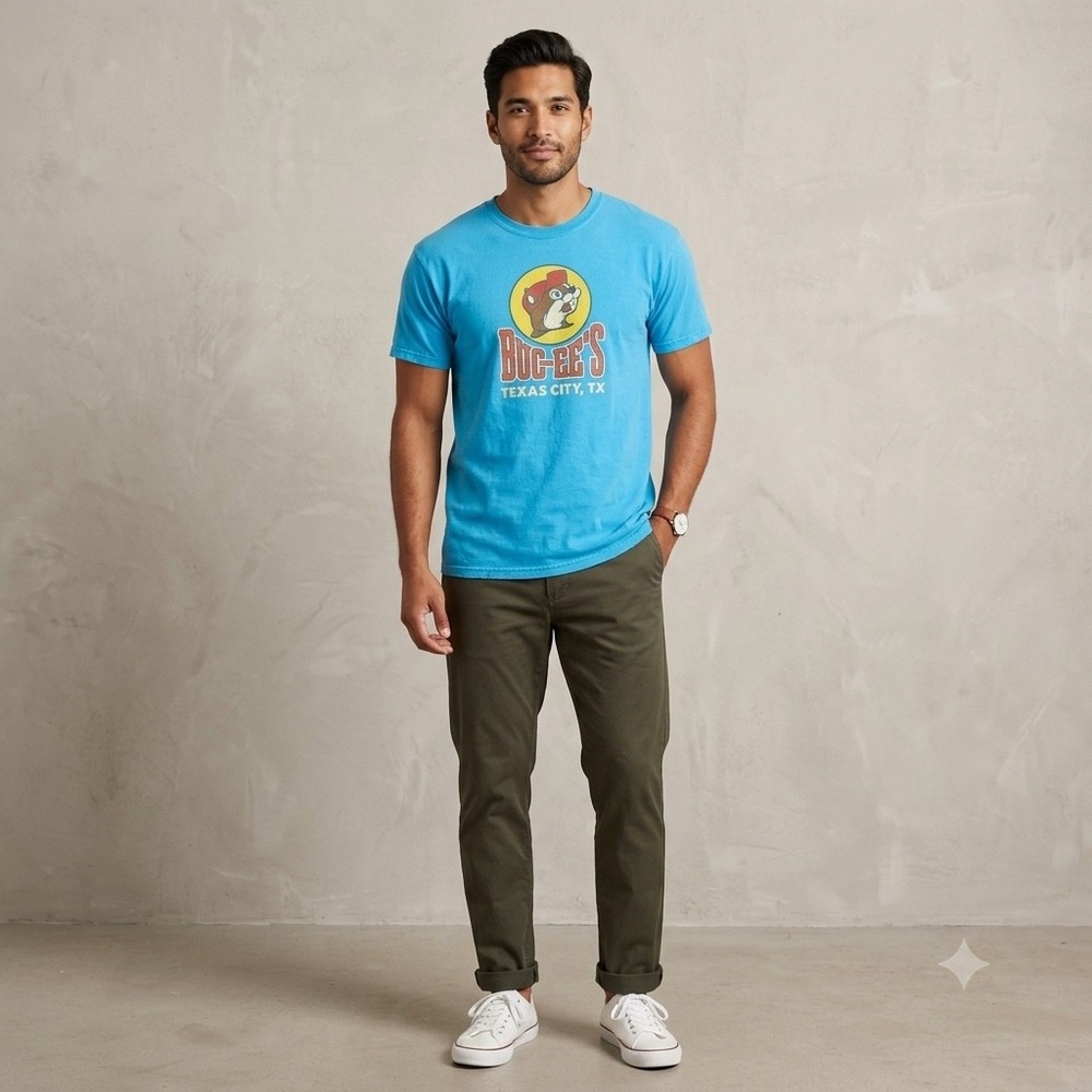 Buc-ees Mens Size Medium Texas City TX T-Shirt Blue Graphic Beaver Mascot Travel